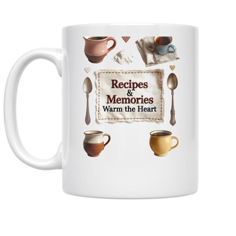 Tailorly White Ceramic 11 oz Mug - Recipes Memories Warm The Heart Vintage Kitchenware With Ceramic Jugs And Spoons Mug