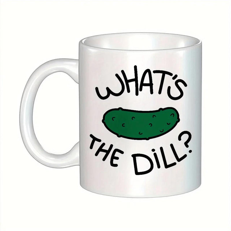 Tailorly White Ceramic 11 oz Mug - What's The Dill Cartoon Green Vegetable Surrounded By Humorous Pun Text Under Bright Lighting Pickle