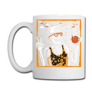 Tailorly White Ceramic 11 oz Mug - Cool Hipster Wearing Orange Sunglasses And Floral Tank Top Holding Tiny Cup Skeleton