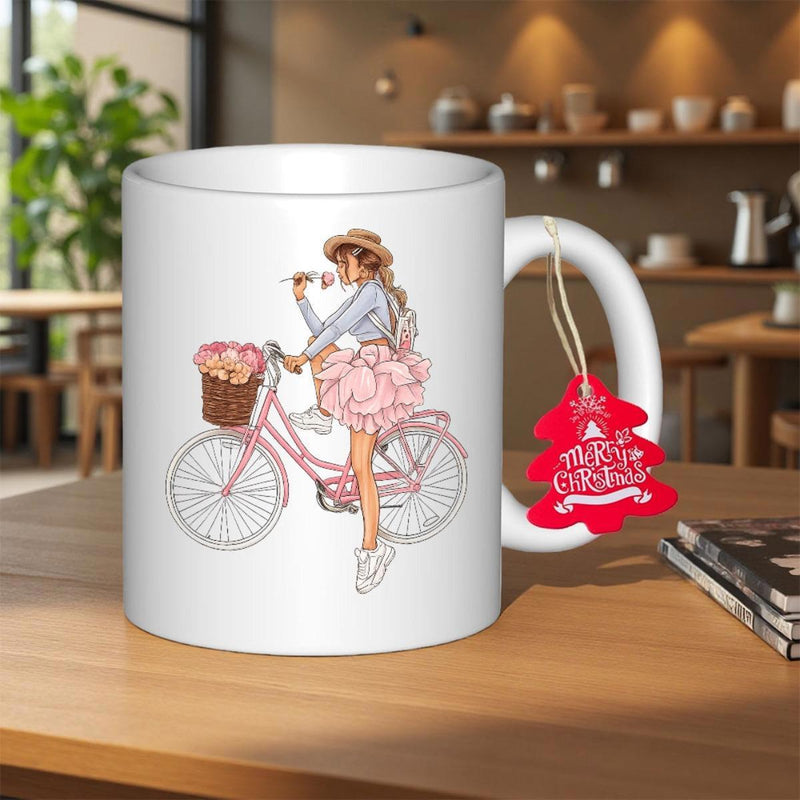 Tailorly White Ceramic 11 oz Mug - Merry Christmas Elegant Young Girl Wearing Tutu Riding Vintage Pink Flower Basket Bicycle