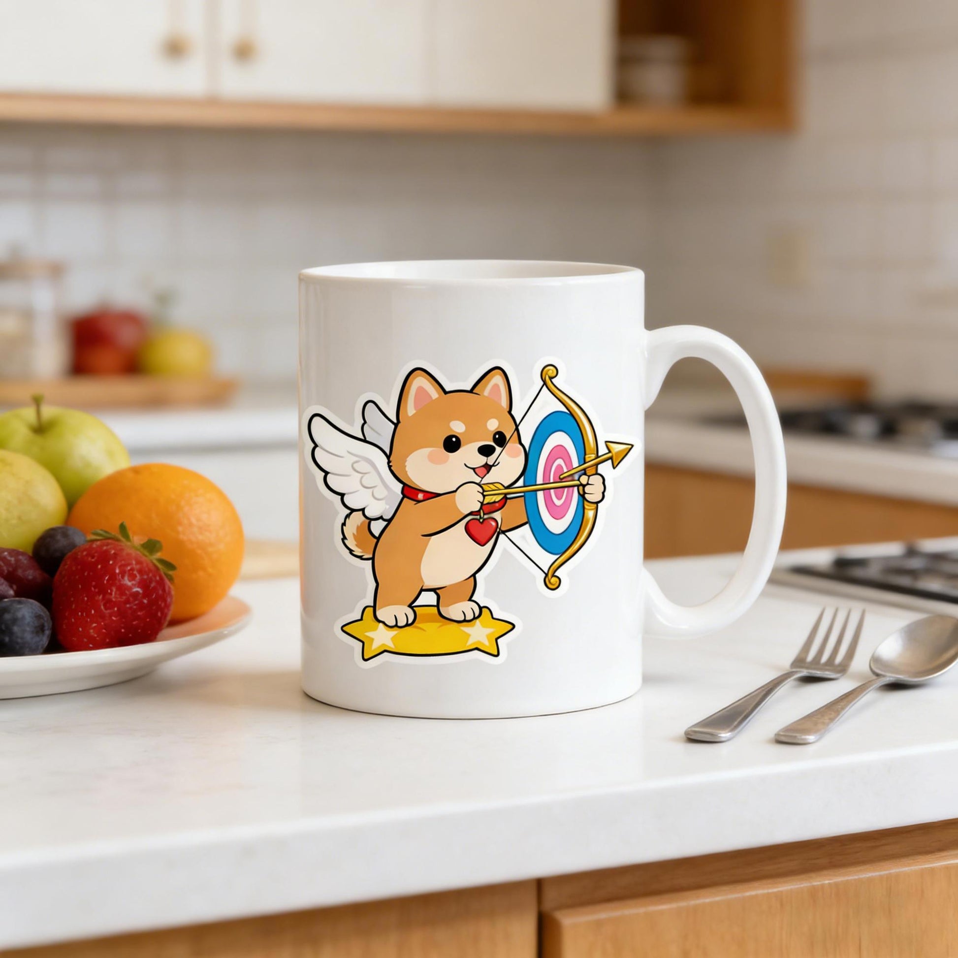 Tailorly White Ceramic 11 oz Mug - Cute Cartoon Cupid Shiba Inu With Wings And Bow Shooting Arrow Dog