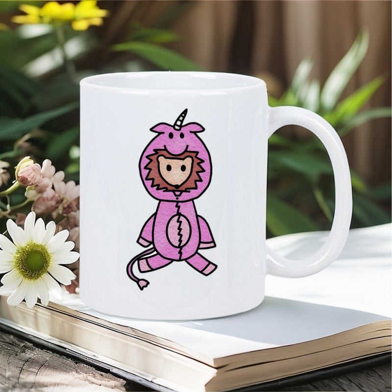 Tailorly White Ceramic 11 oz Mug - Cute Cartoon Character Wearing Pink Unicorn Onesie With Horn And Tail Lion