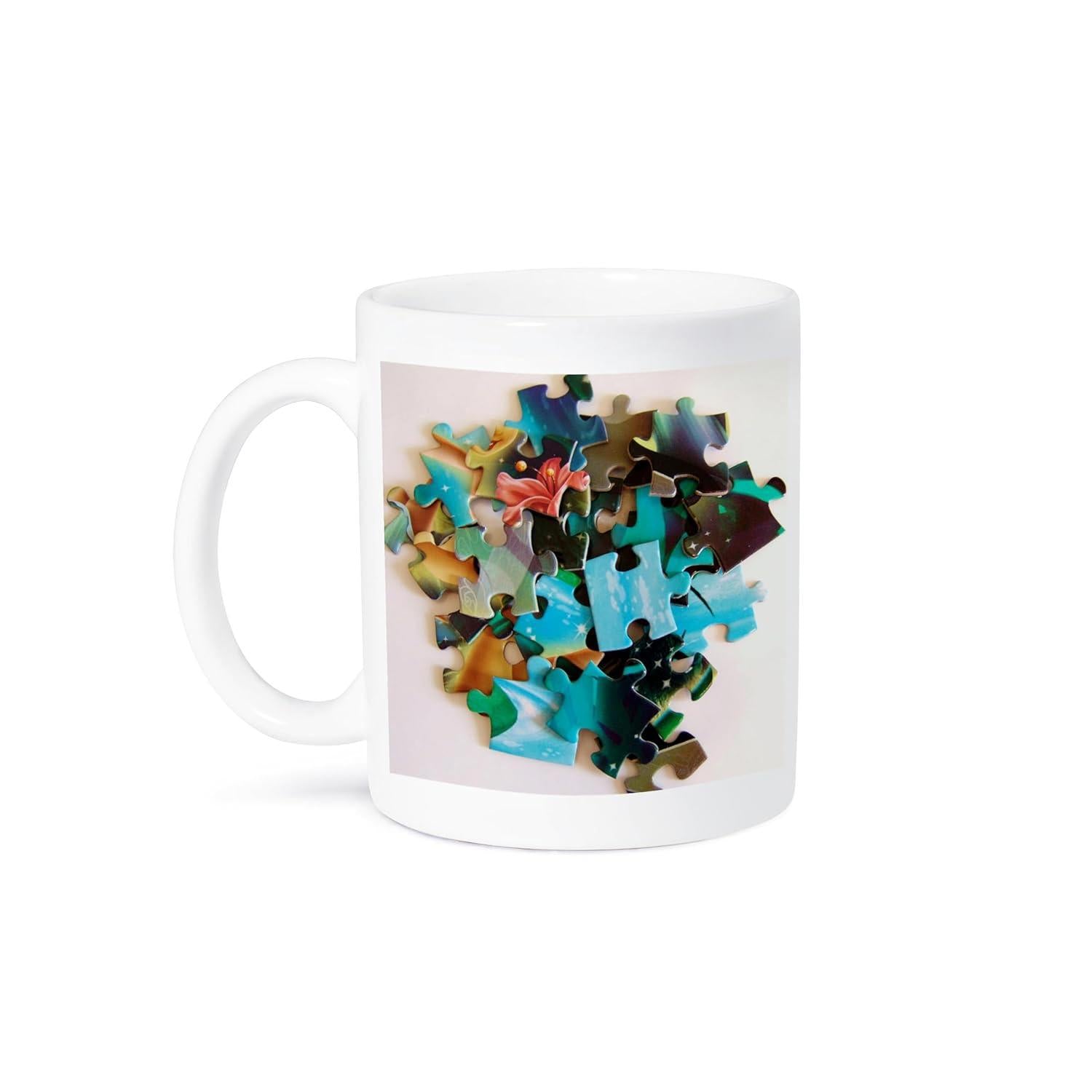 Tailorly White Ceramic 11 oz Mug - Vibrant Multicolored Jigsaw Pieces Scattered Across A Bright Surface Design Puzzle