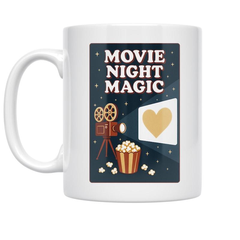 Tailorly White Ceramic 11 oz Mug - Movie Night Magic Vintage Film Projector Shining A Heart Among Sparkling Stars And Tasty Popcorn