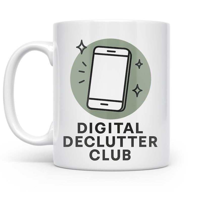 Tailorly White Ceramic 11 oz Mug - Digital Declutter Club Minimalist Line Drawing Of A Modern Smartphone Inside Grey Circle Smartphone