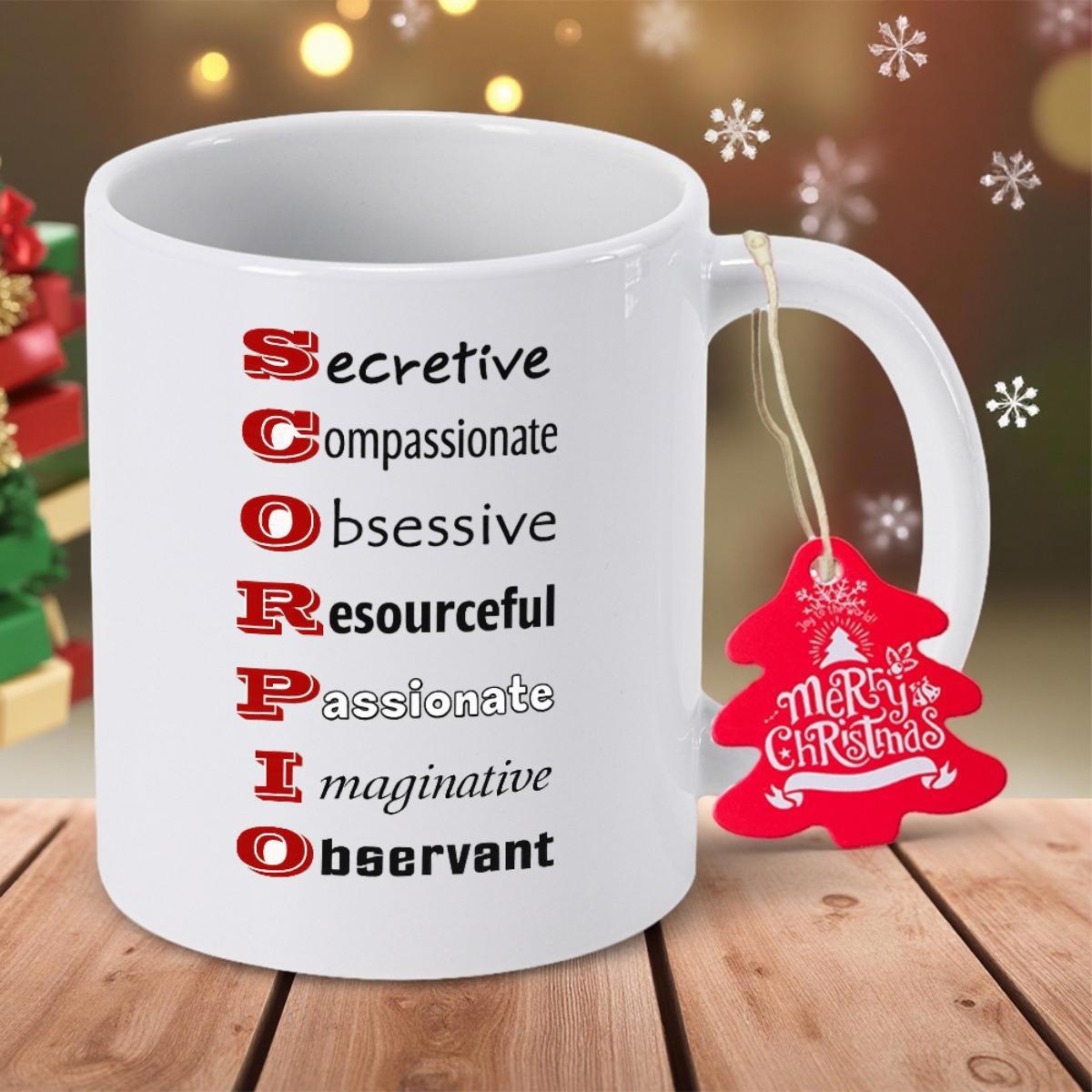 Tailorly White Ceramic 11 oz Mug - Scorpio Secretive Compassionate Obsessive Resourceful Passionate Imaginative Observant Bold Vertical Lettering Representing