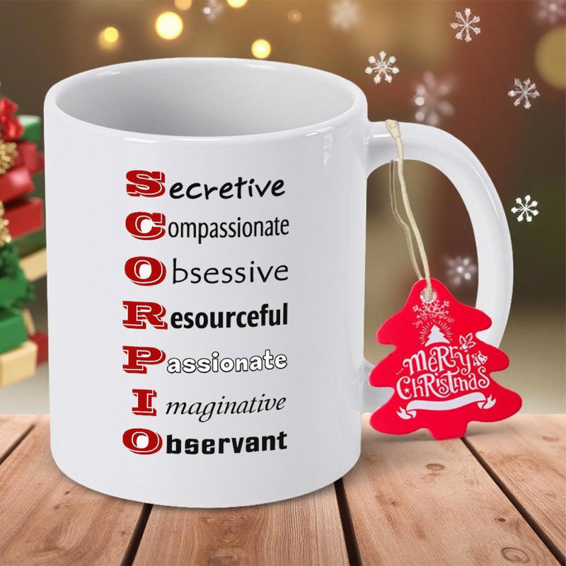 Tailorly White Ceramic 11 oz Mug - Scorpio Secretive Compassionate Obsessive Resourceful Passionate Imaginative Observant Bold Vertical Lettering Representing