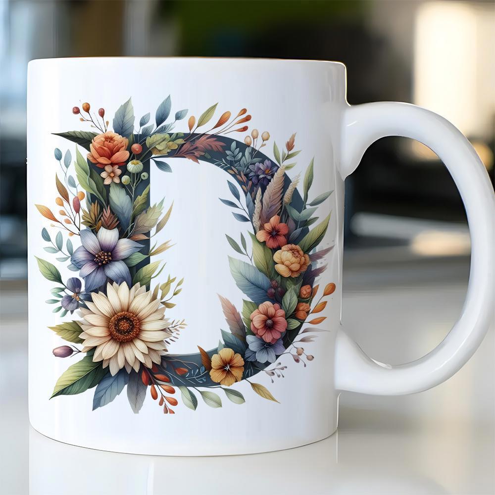 Tailorly White Ceramic 11 oz Mug - D Vibrant Floral Arrangement With Sunflower And Delicate Leaves Surrounding Elegant Monogram Mug
