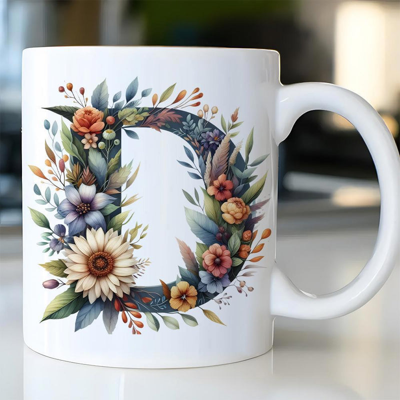 Tailorly White Ceramic 11 oz Mug - D Vibrant Floral Arrangement With Sunflower And Delicate Leaves Surrounding Elegant Monogram Mug