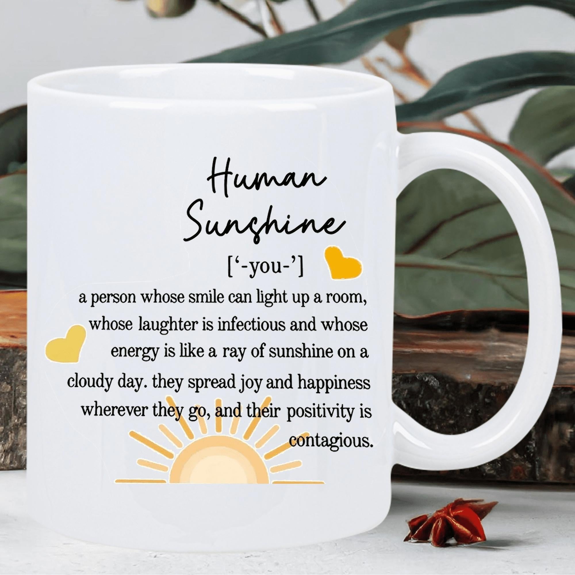 Tailorly White Ceramic 11 oz Mug - Human Sunshine Glowing Warmth Rising Above Horizon Among Tiny Yellow Love Hearts Sun