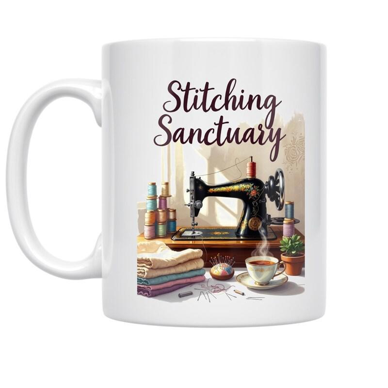 Tailorly White Ceramic 11 oz Mug - Stitching Sanctuary Cozy Workshop Featuring Vintage Equipment With Thread And Folded Fabric Sewing Machine