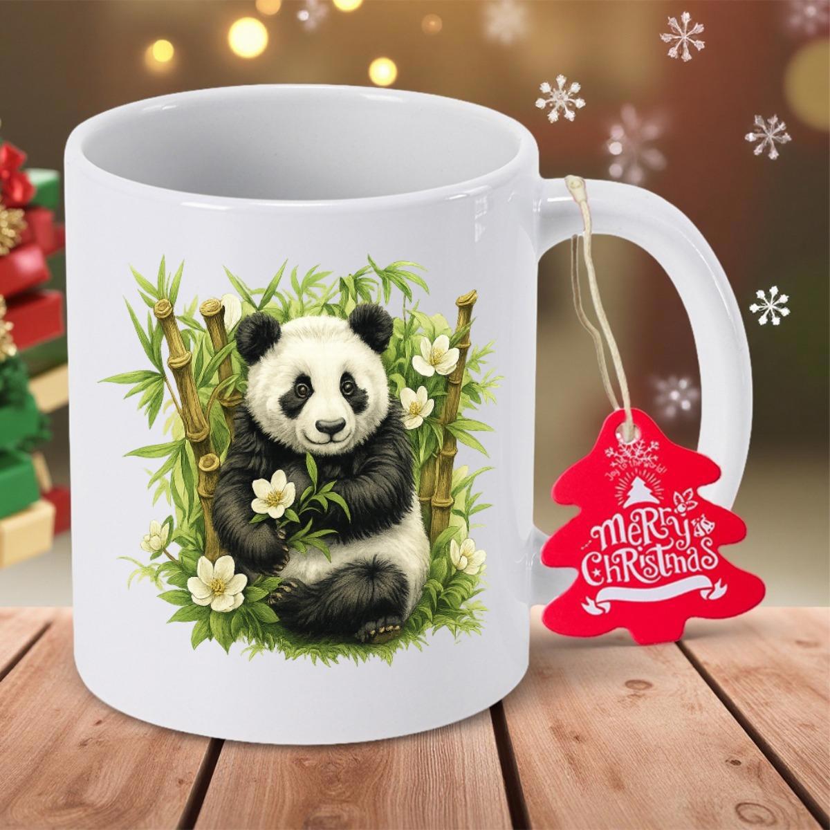 Tailorly White Ceramic 11 oz Mug - Merry Christmas Adorable Giant Sitting Peacefully Among Lush Green Bamboo And White Flowers Panda
