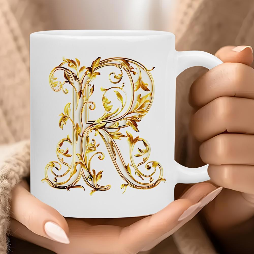 Tailorly White Ceramic 11 oz Mug - R Ornate Golden Floral Pattern With Delicate Baroque Swirls Forming Artistic Letter R