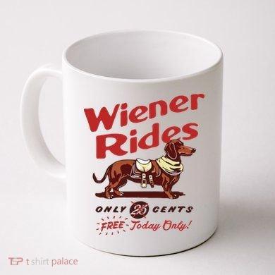 Tailorly White Ceramic 11 oz Mug - Wiener Rides Only 25 Cents Free Today Only Vintage Retro Illustration Of A Brown Dog Wearing A Saddle Dachshund