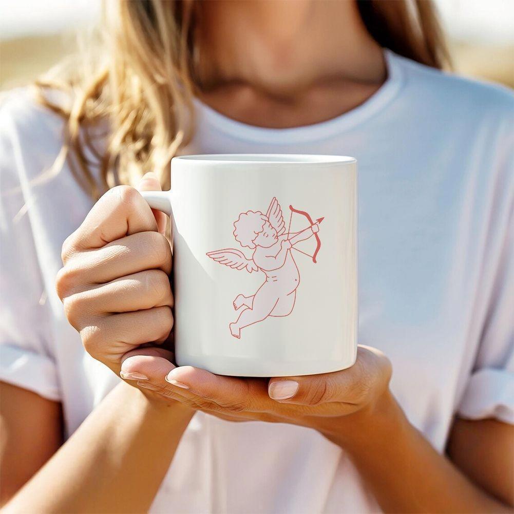 Tailorly White Ceramic 11 oz Mug - Delicate Red Line Drawing Of A Celestial Cherub Aiming Heart Arrow Cupid