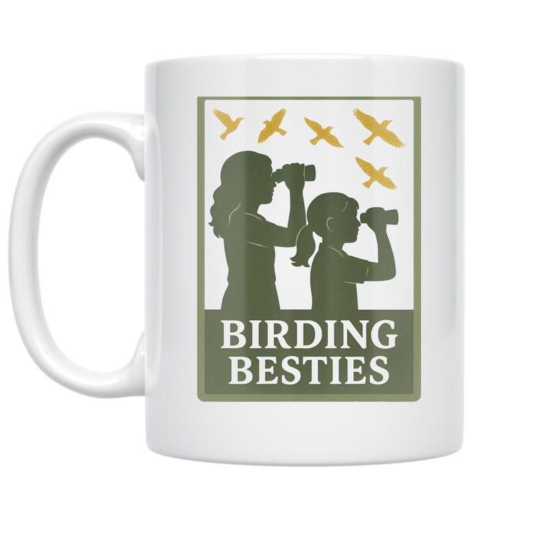 Tailorly White Ceramic 11 oz Mug - Birding Besties Two People Watching Flying Birds Through Binoculars In Nature Birdwatcher