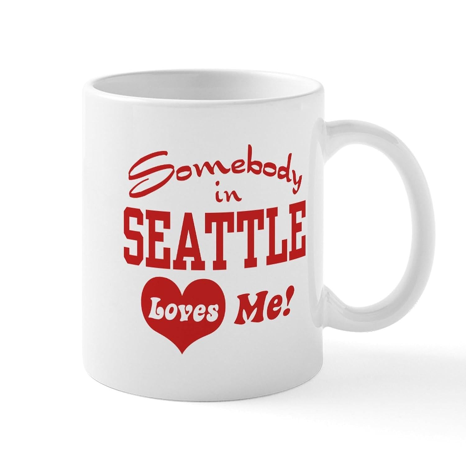 Tailorly White Ceramic 11 oz Mug - Somebody In Seattle Loves Me Vibrant Red Artistic Text Featuring A Central Bold Crimson Heart