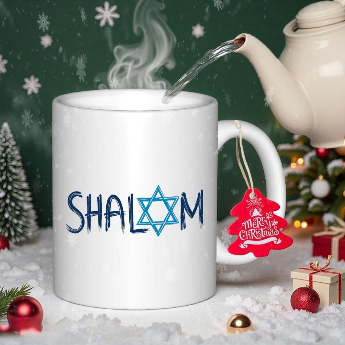 Tailorly White Ceramic 11 oz Mug - Shalom Hand Painted Star Of David Resting Upon A Simple