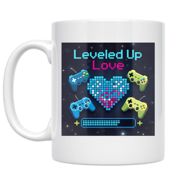 Tailorly White Ceramic 11 oz Mug - Leveled Up Love Pixelated Controllers Floating Around A Bright Neon Digital Glowing Heart