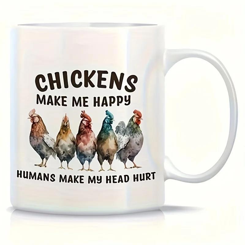 Tailorly White Ceramic 11 oz Mug - Chickens Make Me Happy Humans Make My Head Hurt Group Of Various Colorful Realistic Roosters Standing In A Straight Horizontal