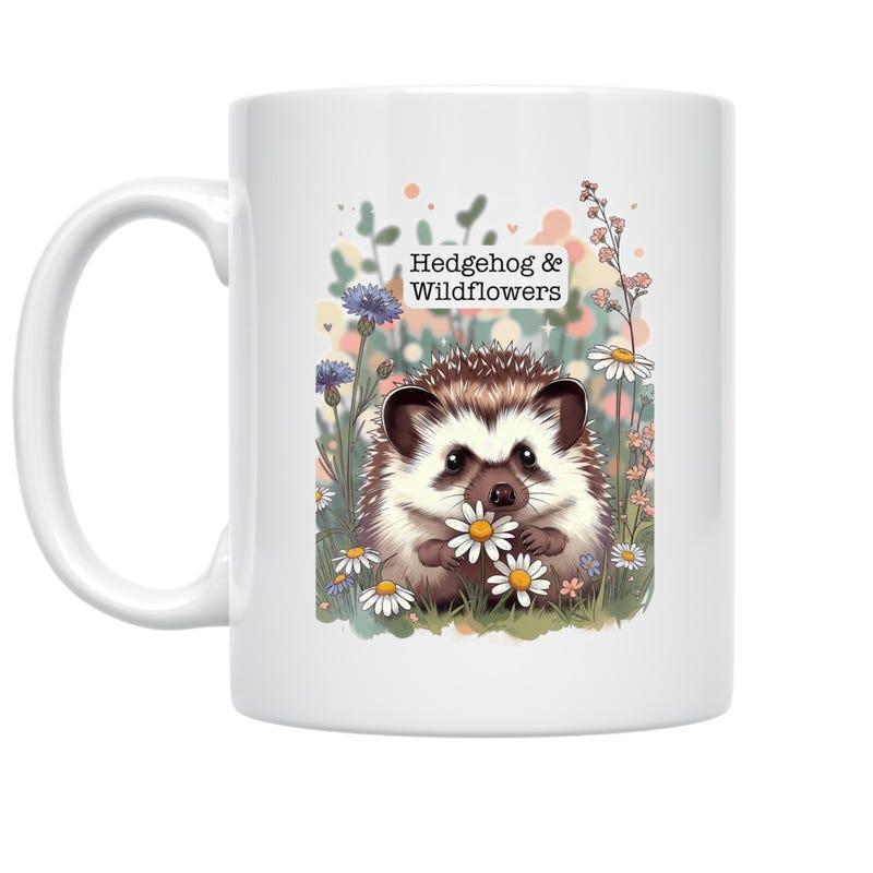 Tailorly White Ceramic 11 oz Mug - Hedgehog Wildflowers Adorable Tiny Creature Holding Daisies Among Soft Colorful Watercolor Meadow Hedgehog