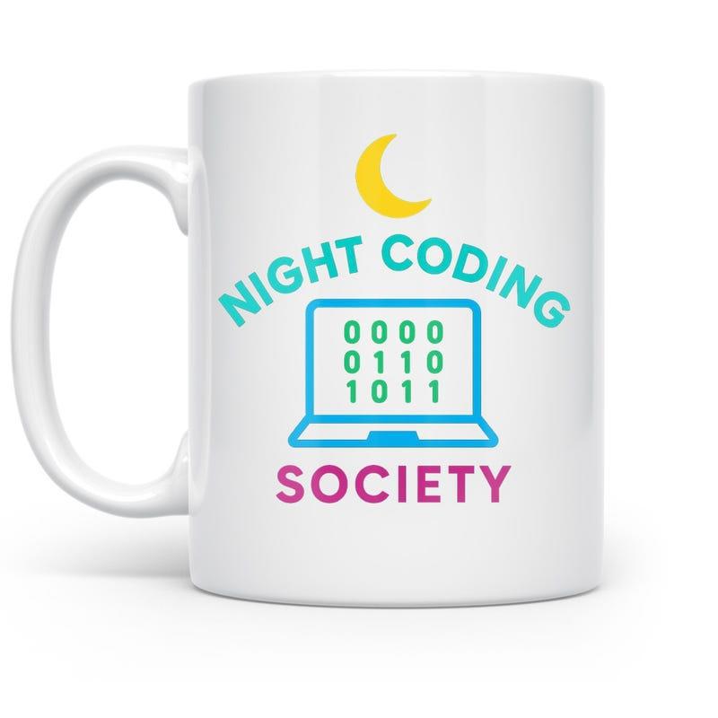 Tailorly White Ceramic 11 oz Mug - Night Coding Society Glowing Yellow Moon Over Laptop With Binary Code Mug