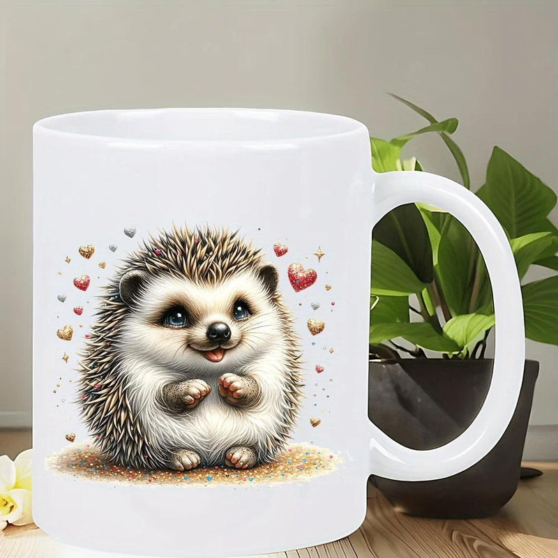 Tailorly White Ceramic 11 oz Mug - Adorable Furry Creature Surrounded By Floating Tiny Hearts And Soft Spines Hedgehog
