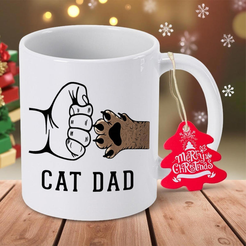Tailorly White Ceramic 11 oz Mug - Cat Dad Minimalist Line Drawing Representing A Bond Between Human Hand And Furry Paw