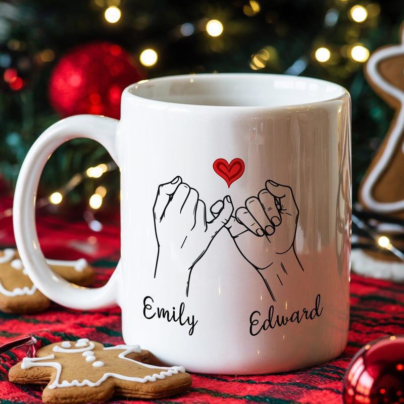 Tailorly White Ceramic 11 oz Mug - Emily Edward Elegant Minimalist Line Art Illustrating Two Hands Connected By Small Heart Pinky Promise