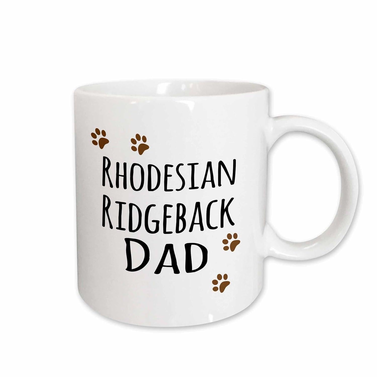 Tailorly White Ceramic 11 oz Mug - Rhodesian Ridgeback Dad Small Brown Animal Paws Scattered Around Bold Black Handwritten Style Text Paw