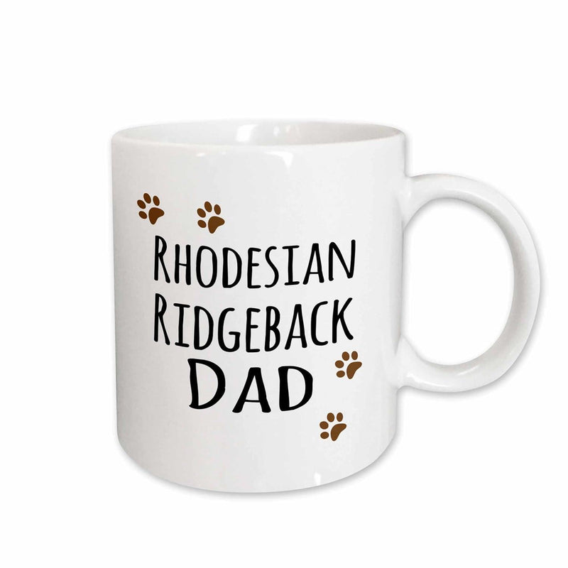 Tailorly White Ceramic 11 oz Mug - Rhodesian Ridgeback Dad Small Brown Animal Paws Scattered Around Bold Black Handwritten Style Text Paw