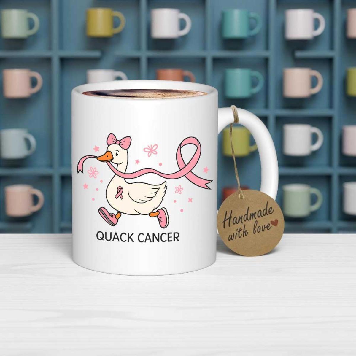 Tailorly White Ceramic 11 oz Mug - Quack Cancer Cute White Bird Wearing Pink Boots And Bow Carrying Awareness Ribbon Goose