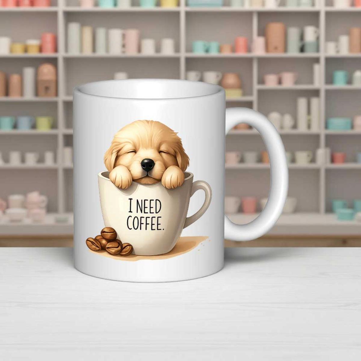 Tailorly White Ceramic 11 oz Mug - I Need Coffee Adorable Golden Retriever Resting Inside Tiny Cup Among Coffee Beans Puppy