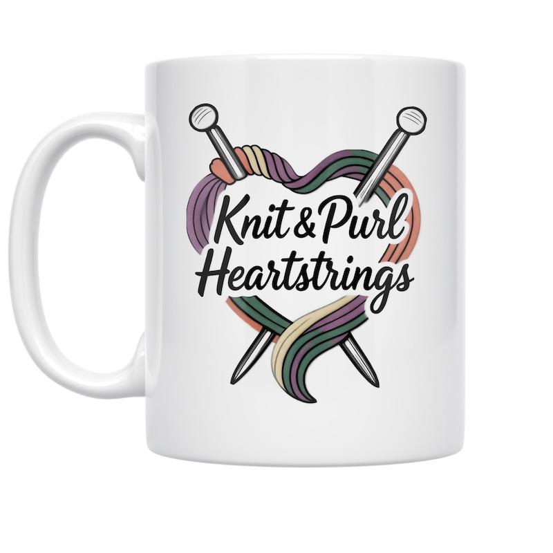 Tailorly White Ceramic 11 oz Mug - Knit Purl Heartstrings Colorful Yarn Forming A Heart With Crossed Silver Knitting Needles Heart