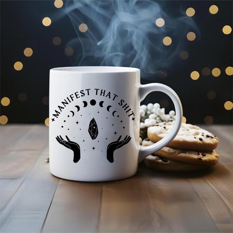 Tailorly White Ceramic 11 oz Mug - Manifest That Shit Celestial Lunar Phases Above Mystical Reaching Hands Surrounded By Sacred Dots Hands