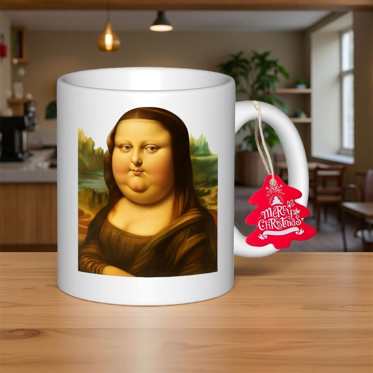 Tailorly White Ceramic 11 oz Mug - Merry Christmas Chubby Parody Masterpiece Portrait With Classic Landscape Background And Elegant Frame Style Mona Lisa