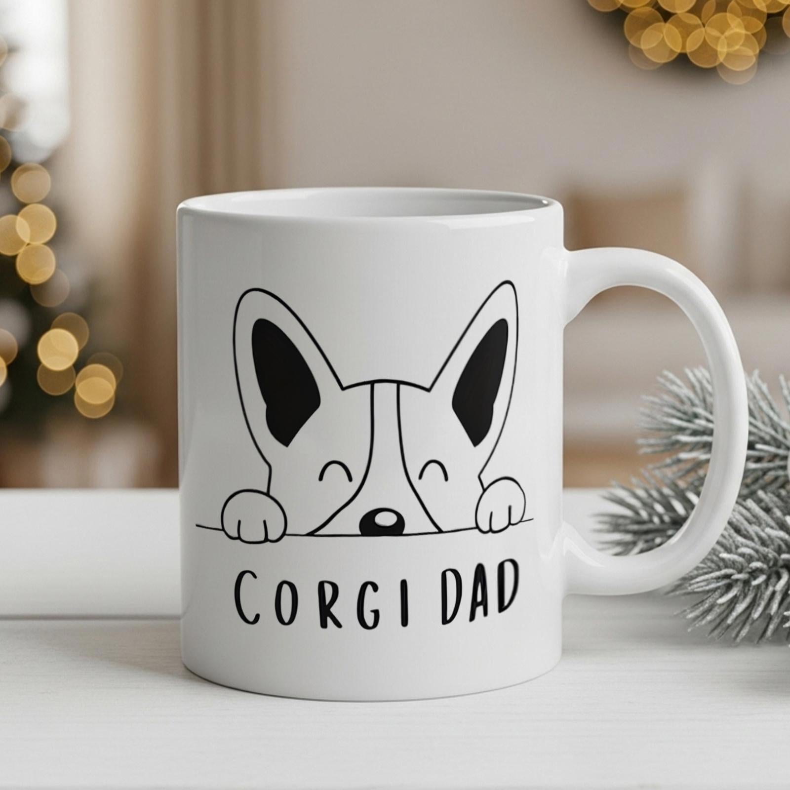 Tailorly White Ceramic 11 oz Mug - Corgi Dad Minimalist Black Line Art Peeking Dog Within A Plain Corgi