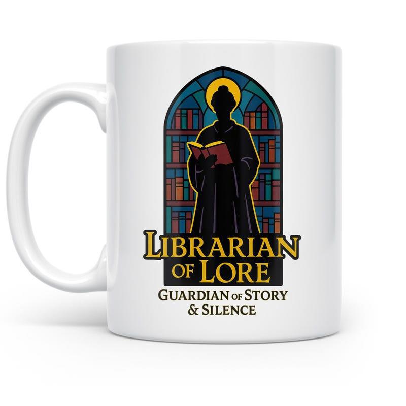 Tailorly White Ceramic 11 oz Mug - Librarian Of Lore Guardian Of Story Silence Mystical Stained Glass Arch Featuring A Silhouette Reading A Sacred Book Librarian