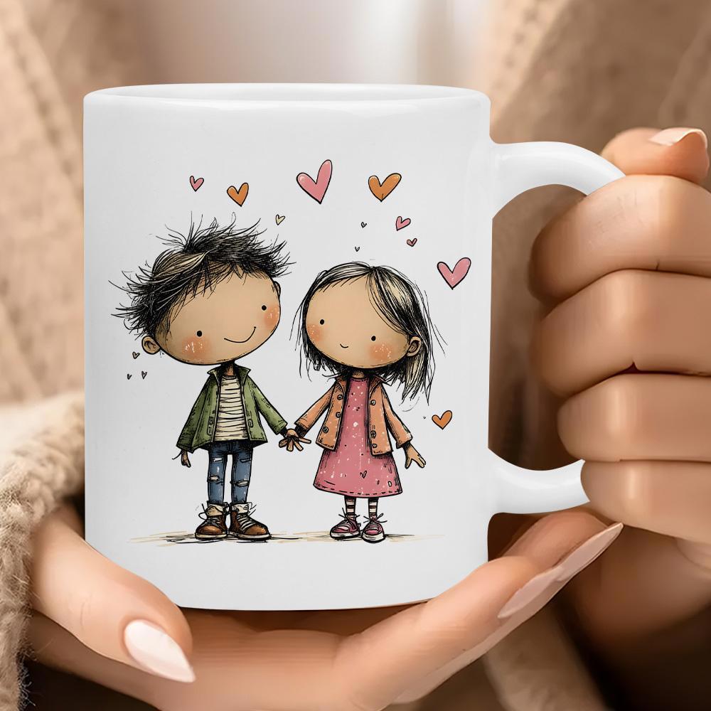 Tailorly White Ceramic 11 oz Mug - Hand Drawn Illustration Of A Young Couple Holding Hands Under Floating Hearts Couple