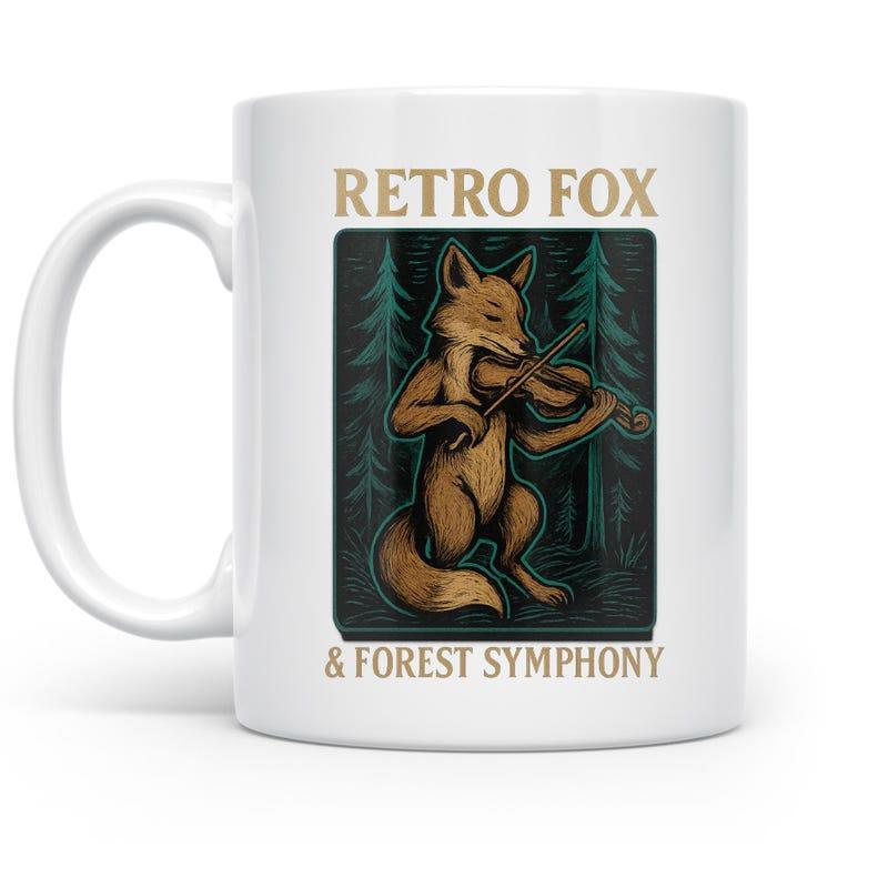 Tailorly White Ceramic 11 oz Mug - Retro Fox Forest Symphony Artistic Animal Playing Violin Among Tall Pine Trees In A Misty Evergreen Fox