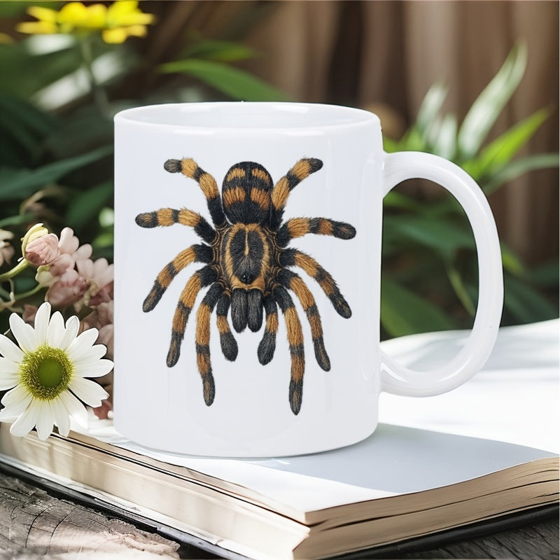 Tailorly White Ceramic 11 oz Mug - Detailed Furry Tarantula Crawling With Orange And Black Striped Legs Spider