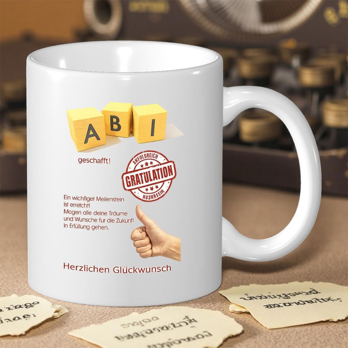 Tailorly White Ceramic 11 oz Mug - Celebration Theme Featuring Yellow Alphabet Blocks And A Thumbs Up Gesture Mug