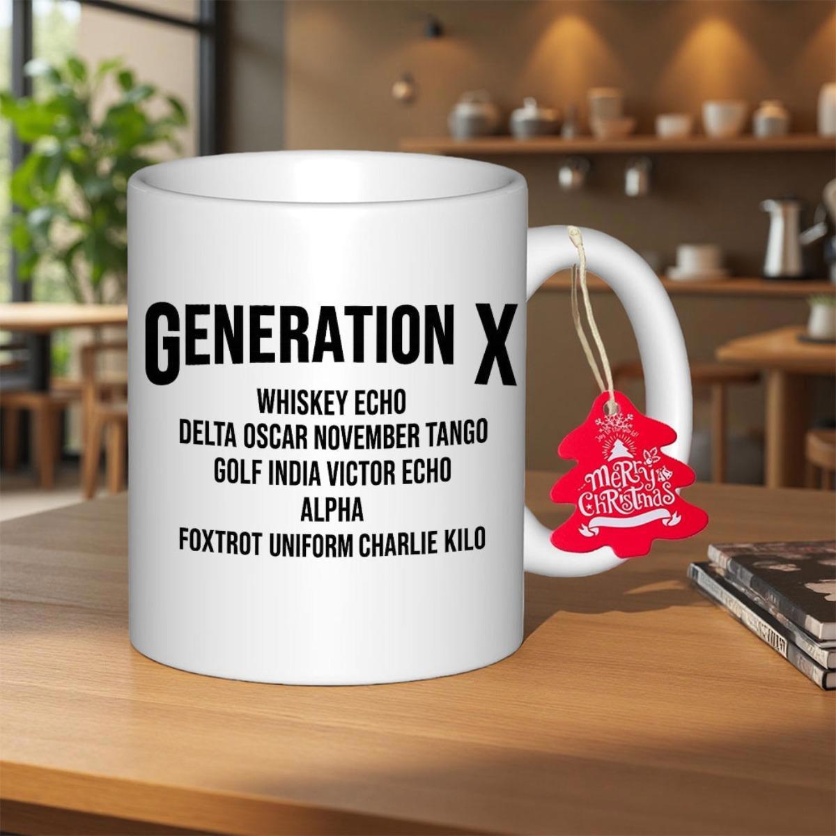 Tailorly White Ceramic 11 oz Mug - Generation X Simple White Ceramic Vessel Decorated With Small Red Christmas Tree Ornament Mug