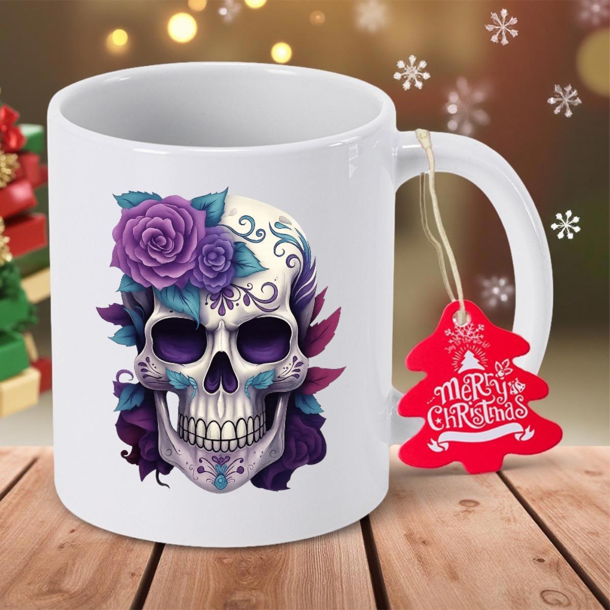 Tailorly White Ceramic 11 oz Mug - Merry Christmas Decorative Floral Design With Purple Roses And Detailed Artistic Swirls Skull