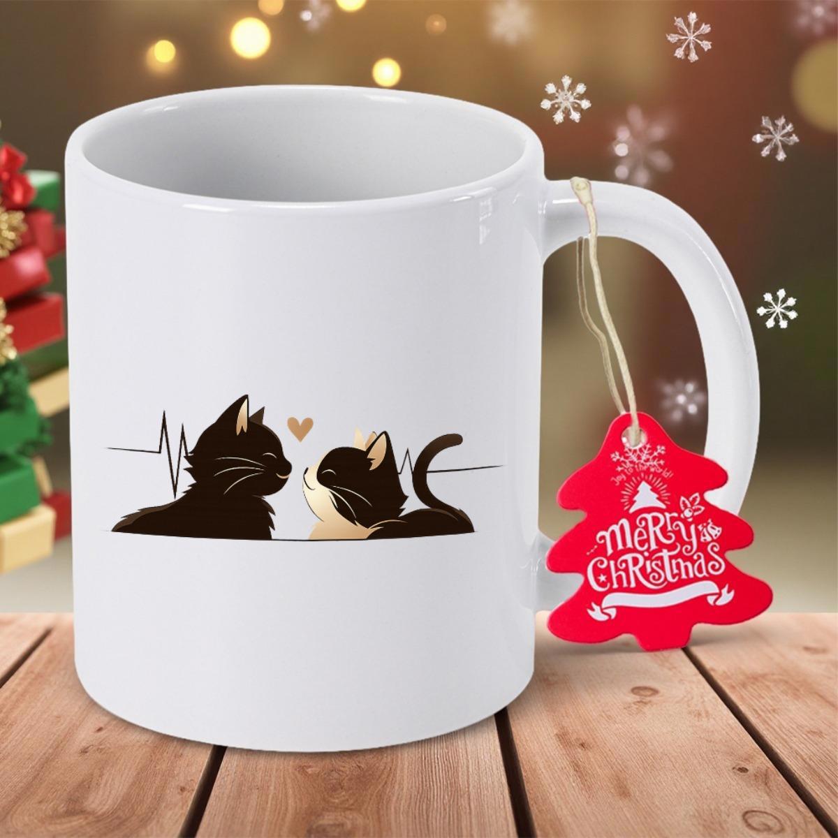 Tailorly White Ceramic 11 oz Mug - Merry Christmas Two Cute Cartoon Kittens Facing Each Other Sharing A Tiny Heart Cat