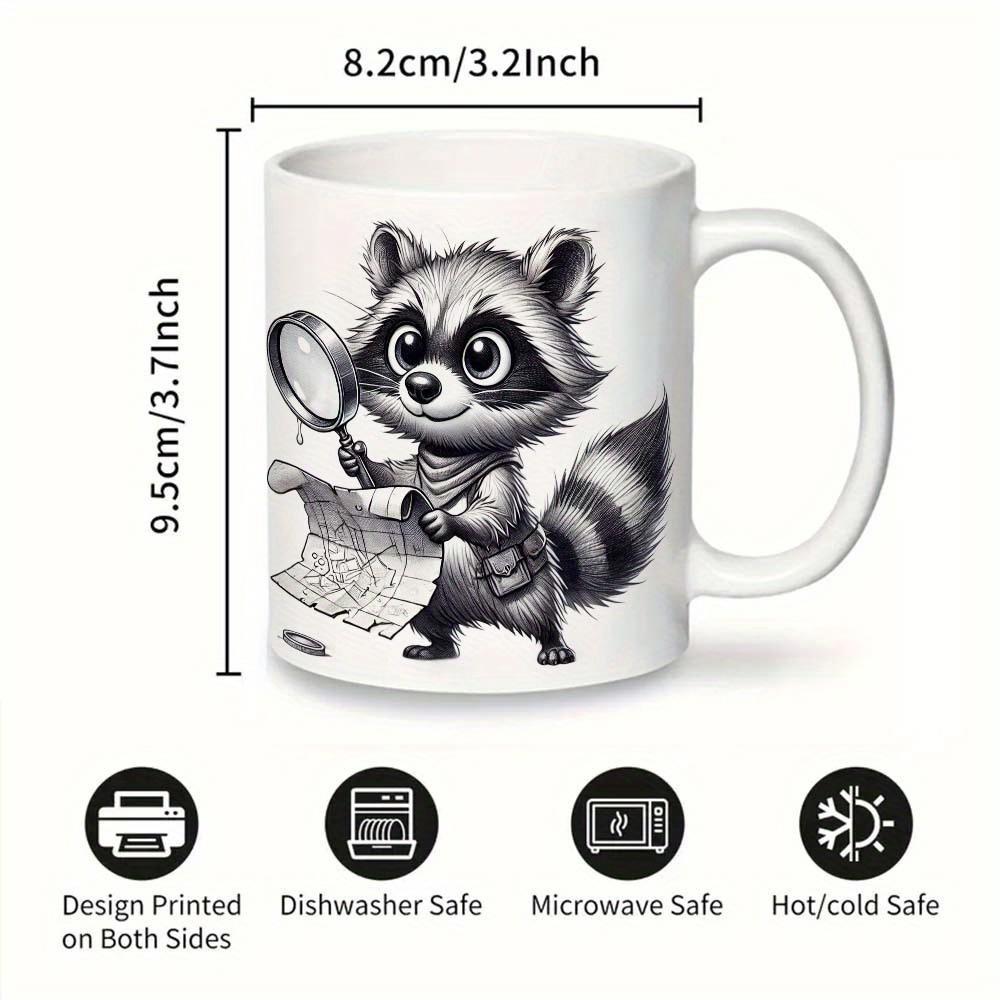 Tailorly White Ceramic 11 oz Mug - Adorable Little Detective Character Holding Magnifying Glass Examining Ancient Secret Map Raccoon