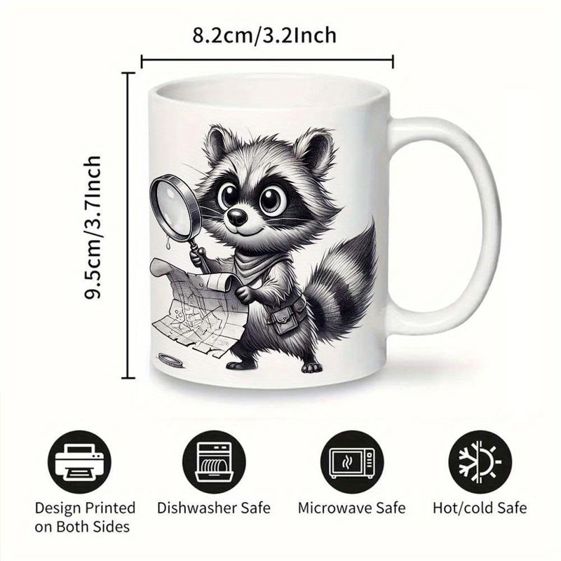 Tailorly White Ceramic 11 oz Mug - Adorable Little Detective Character Holding Magnifying Glass Examining Ancient Secret Map Raccoon