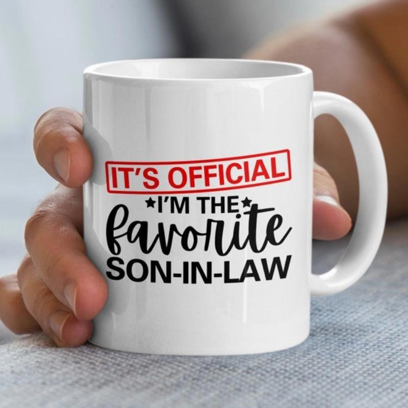 Tailorly White Ceramic 11 oz Mug - Its Official Im The Favorite Son In Law Featuring Bold Minimalist Black And Red Typography On A Sleek Surface Mug