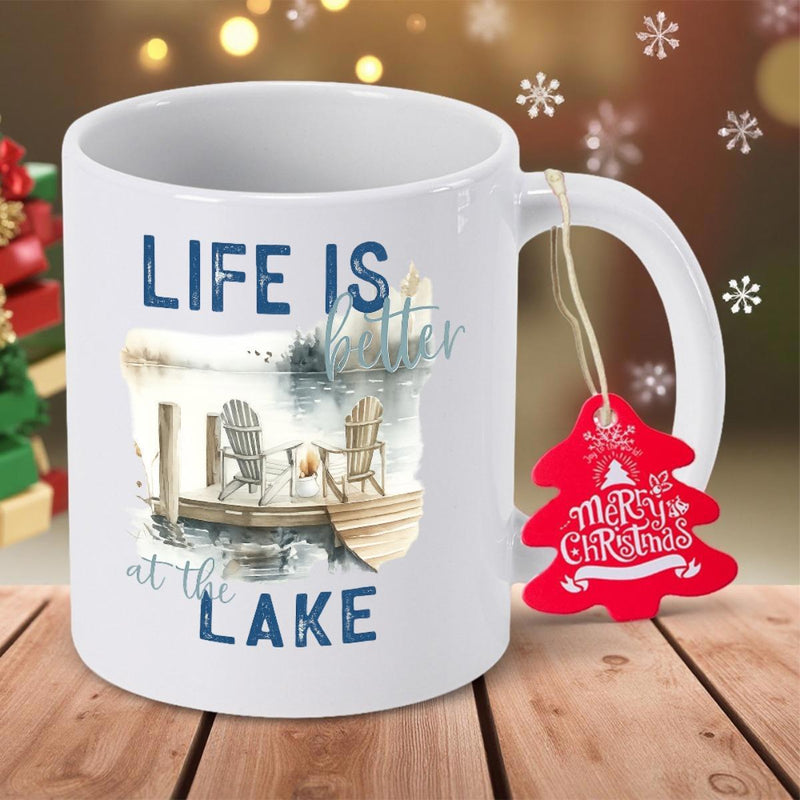 Tailorly White Ceramic 11 oz Mug - Life Is Better At The Lake Peaceful Wooden Dock Overlooking Still Water With Rustic Adirondack Chair