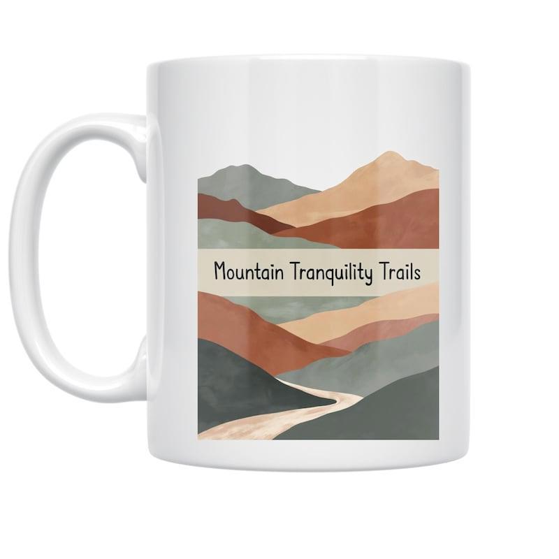 Tailorly White Ceramic 11 oz Mug - Mountain Tranquility Trails Abstract Minimalist Peaks With Winding Path And Warm Earth Tones Mountain